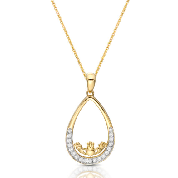 9ct Gold CZ Claddagh Pendant with Micro Pave Stone setting - P060