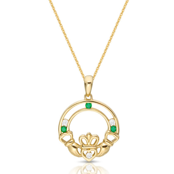 9ct Gold CZ Claddagh Pendant with Bazel Stone setting - P061