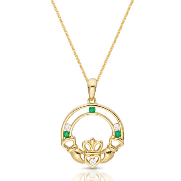 9ct Gold CZ Claddagh Pendant with Bazel Stone setting - P061