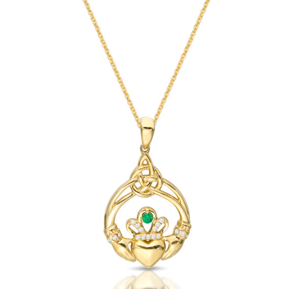 9ct Gold CZ Claddagh Pendant combined with Celtic Knot Design - P062