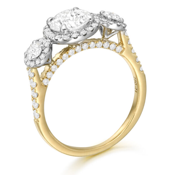 18ct Gold Three Stone Lab Diamond Engagement Ring set with Hallo and beautiful detailing all around-DPL713FS