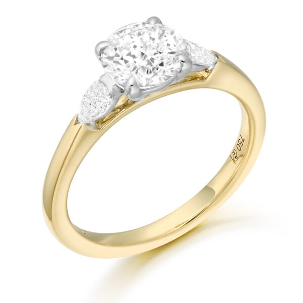 18ct Gold 3 Stone Lab Diamond Engagement Ring with 2 Pear Shape Diamonds on each side of the centre stone-DPL712