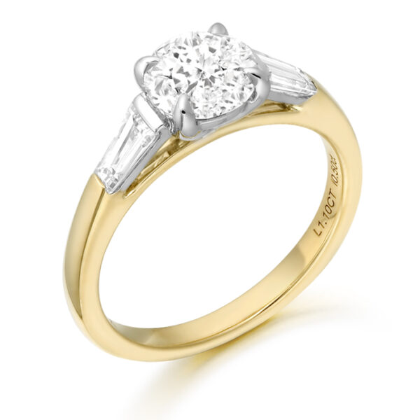 18ct Gold Three Stone Lab Diamond Engagement Ring set with Baguette Diamonds on each side of the centre stone-DPL714