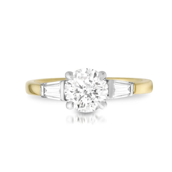 18ct Gold Three Stone Lab Diamond Engagement Ring set with Baguette Diamonds on each side of the centre stone-DPL714F